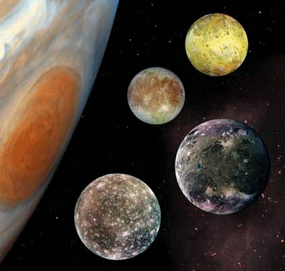 The four Galilean moons of Jupiter: Io, Europa, Ganymede, Callisto (from Solar System Lithograph Set)
