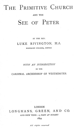 The Primitive Church and the See of Peter by Luke Rivington (1894) cover page and Nihil Obstat