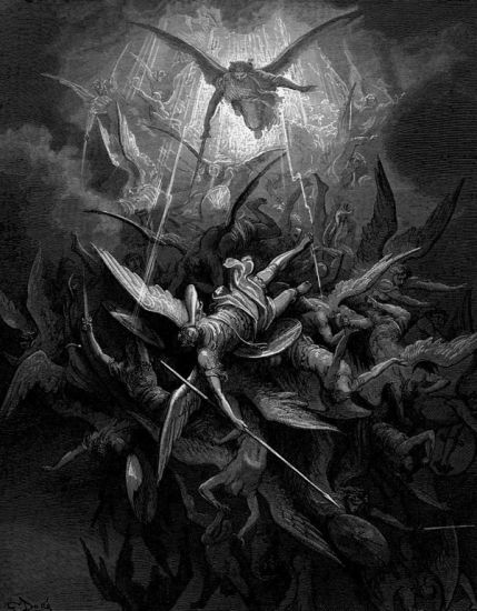 Michael casts out rebel angels. Illustration by Gustave Dor for John Milton's Paradise Lost.